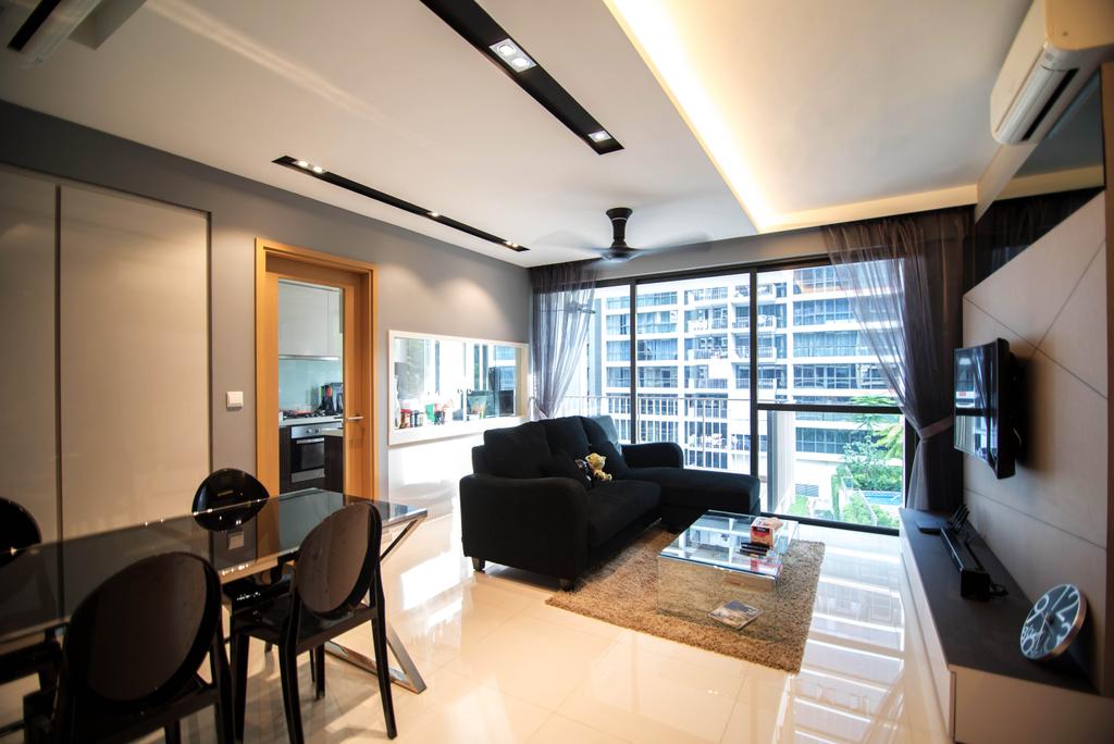 Modern, Condo, Living Room, Twin Waterfalls, Interior Designer, IdeasXchange, Sofa, Black Sofa, Dark Sofa, Coffee Table, Glass Coffee Table, Carpet, Curtains, Sheer Curtains, Cove Lighting, Aircon, Feature Wall, Tv, Tv Console, Dining Table, Dining Chairs, Dark Furniture, Airy, Windows, Furniture, Table, Couch