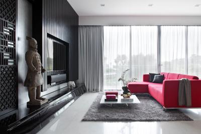 Aalto, Fuse Concept, , Living Room, , Grey, Grey Tones, Grey Colour, Sofa, Red Sofa, L Shaped Sofa, Brown Coffee Table, Carpet, Curtains, Sheer Curtains, Monochromatic, Tv Feature Wall, Tv Console, Statue, Black Wall, Chic, Feature Wall, Indoors, Room, Couch, Furniture