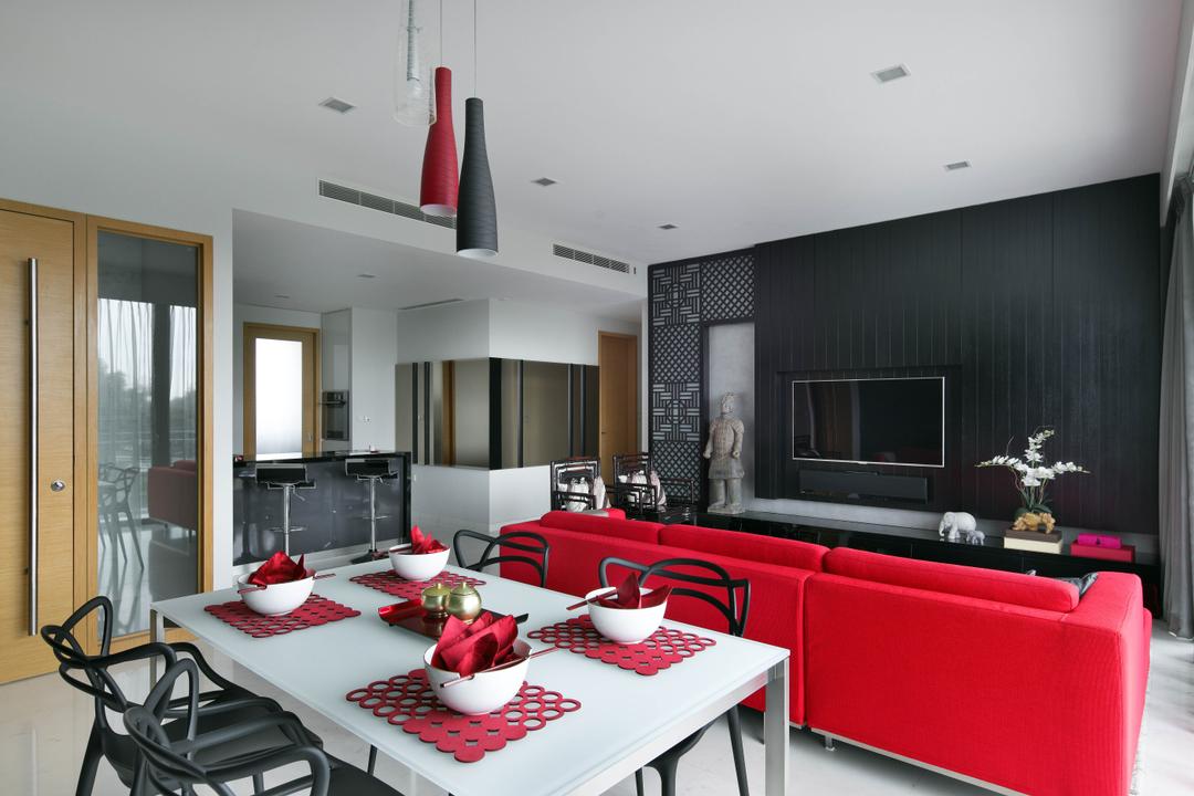 Aalto, Fuse Concept, Modern, Dining Room, Condo, Dining Table, Dining Chairs, Chairs, Tableware, Pendant Lamp, Hanging Lamp, Red, Red And Black, Dark Coloured Furniture, Tv Feature Wall, Red Sofa, Sofa, Door, Entrance, Feature Wall, HDB, Building, Housing, Indoors, Loft, Room, Chair, Furniture, Couch, Home Decor, Linen, Tablecloth, Interior Design