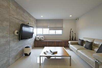 Bedok South, Dyel Design, Minimalist, Living Room, HDB, Sofa, Chair, Wood Laminate, Wood, Laminates, Window Seat, Brown Coffee Table, Table, Blinds, Sculpture, Cushions, Mounted Speakers, Stools, Couch, Furniture, Indoors, Interior Design, Dining Table, Electronics, Monitor, Screen, Tv, Television