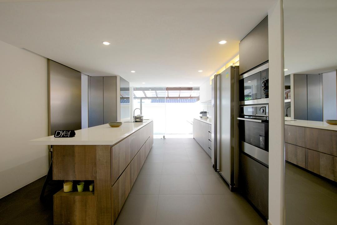Dunearn, Dyel Design, Modern, Kitchen, Landed, Kitchen Counter, Wood Laminate, Wood, Laminate, Linear, Indented Shelf, Recessed Shelf, Recessed Shelves, Indented Shelves, Tile, Tiles, Mirror, Full Length Mirror, Spacious, Full Length Windows, Neutral Tones, Appliance, Electrical Device, Oven