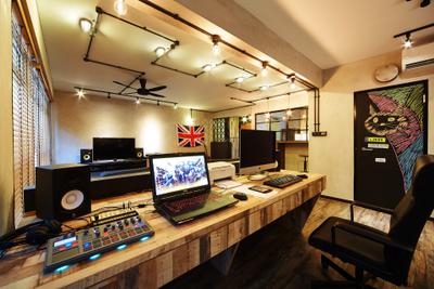 Pasir Ris, The Local INN.terior 新家室, Industrial, Study, HDB, Dj, Mixer, Sound System, Speakers, Desktop, Laptop, Work Station, Work Desk, Black Track Lights, Track Lightings, Office Chair, Chair, Furniture, Electronics, Monitor, Screen, Tv, Television, Desk, Table