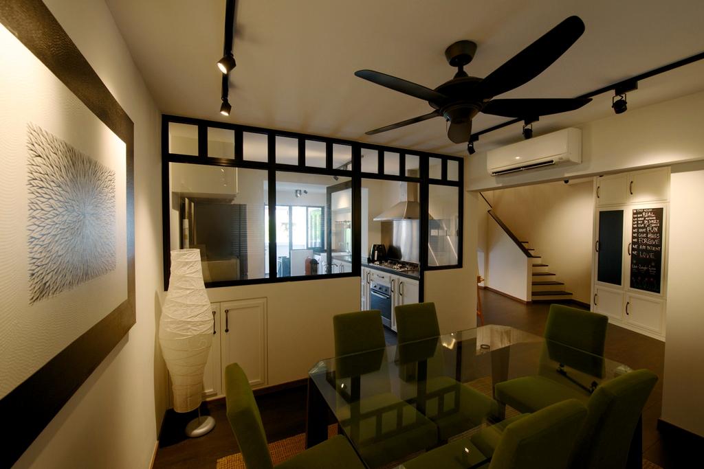 Eclectic, HDB, Dining Room, Jurong West Masionette, Interior Designer, Dyel Design, Dining Table, Glass Table Top, Mini Ceiling Fan, Table, Track Lighting, Painting, Standing Lamp, Glass Wall, White Kitchen Cabinets, Chair, Chalkboard Wall, Exhaust Hood, Nordic, Couch, Furniture