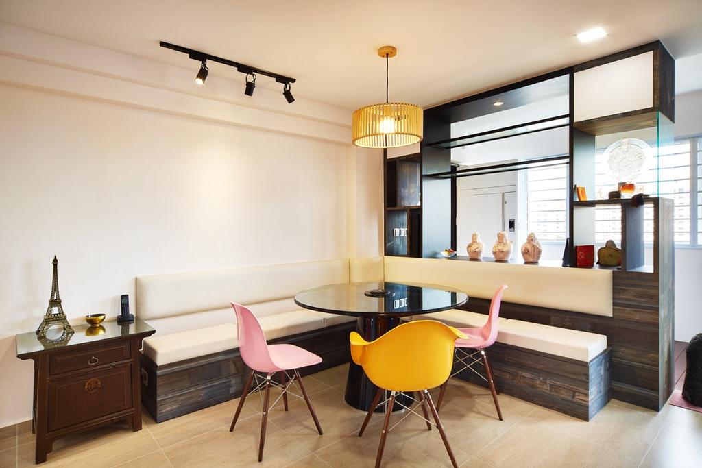 Eclectic, HDB, Dining Room, Hougang, Interior Designer, The Local INN.terior 新家室, Dining Chair, Eames Chair, Colourful Chairs, Hanging Lamp, Pendant Lamp, Bench, Cushioned Bench, Side Table, Partition, Shelves, Shelving, Chair, Furniture, Indoors, Interior Design, Room, Dining Table, Table
