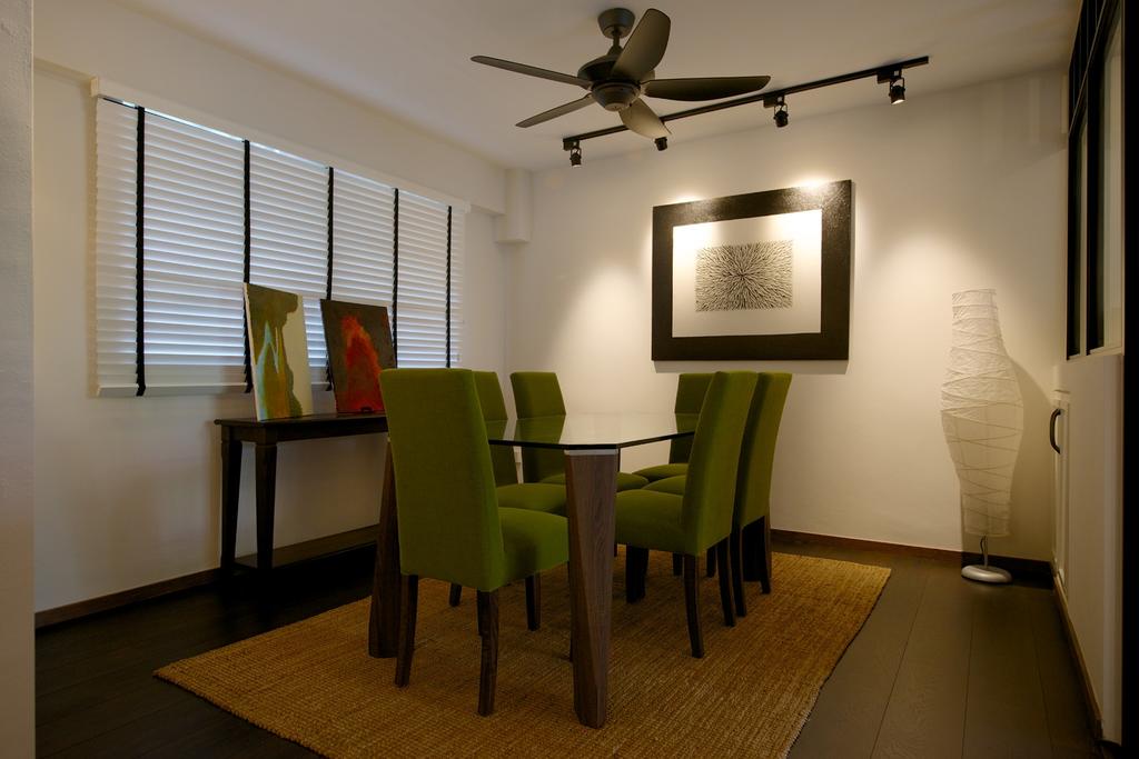 Eclectic, HDB, Dining Room, Jurong West Masionette, Interior Designer, Dyel Design, Venetian Blinds, Mini Ceiling Fan, Track Lighting, Painting, Display Table, Standing Lamp, Rug, Chair, Dining Table, White, Nordic, Plank Flooring, Parquet, Table, Furniture, Indoors, Interior Design, Room, Lighting