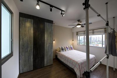 Anchorvale Link, Fuse Concept, , Bedroom, , Clothes Rack, Cupboard, Wood Wardrobe, Window, Bed, Black Track Lights, Cushions, Throw Pillows, Simple, Indoors, Interior Design, Room, Furniture, Building, Housing, Loft, Wall