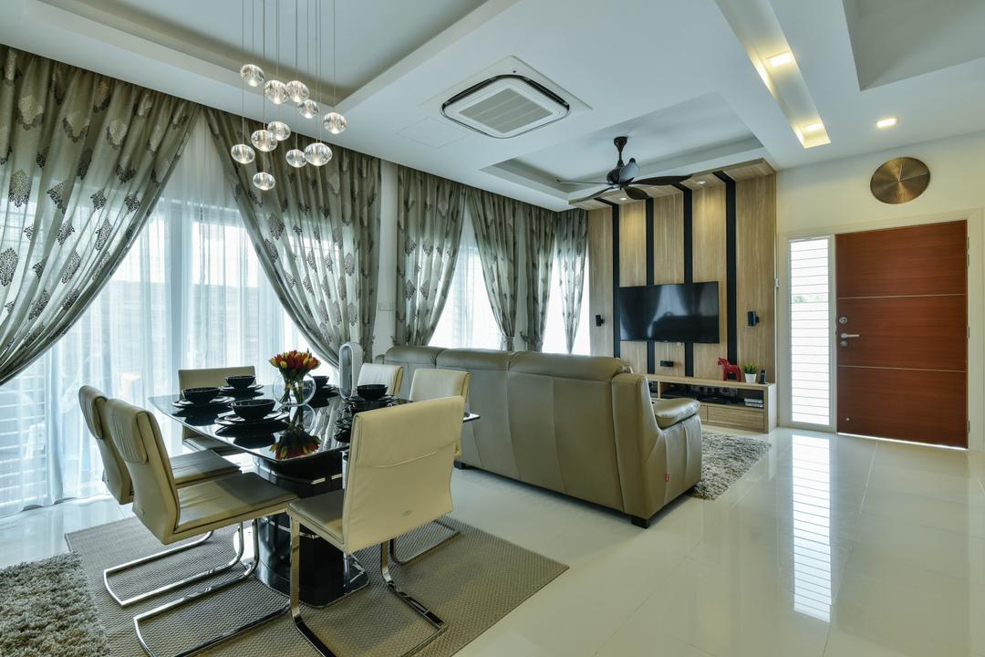 Razlan's Residence, Alam Suria, Surface R Sdn. Bhd., Modern, Contemporary, Dining Room, Landed, Dining Table, Dining Chairs, Chairs, Pendant Lamp, Hanging Lamp, Door, Entrance, Wall Clock, Clock, Chair, Furniture, Couch, Table, Indoors, Interior Design