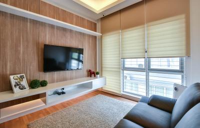 Razlan's Residence, Alam Suria, Surface R Sdn. Bhd., Modern, Contemporary, Living Room, Landed, Tv Feature Wall, Wall Shelf, Shelves, Brown, Wood, Floating Console, Tv Console, Roller Blinds, Blinds, Carpet, Feature Wall, Book, Indoors, Interior Design