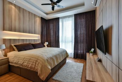 Razlan's Residence, Alam Suria, Surface R Sdn. Bhd., Modern, Contemporary, Bedroom, Landed, White Kitchen Cabinets, Cabinetry, Brown, Tv Feature Wall, Curtains, Mini Ceiling Fan, False Ceiling, Wood, Feature Wall, Flooring, Indoors, Interior Design, Room, Bed, Furniture