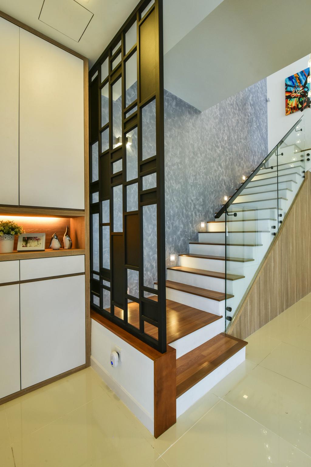 Modern, Landed, Living Room, Razlan's Residence, Alam Suria, Interior Designer, Surface R Sdn. Bhd., Contemporary, Partition, Wooden Partition, Stairs, Staircase, Banister, Handrail, Indoors, Interior Design