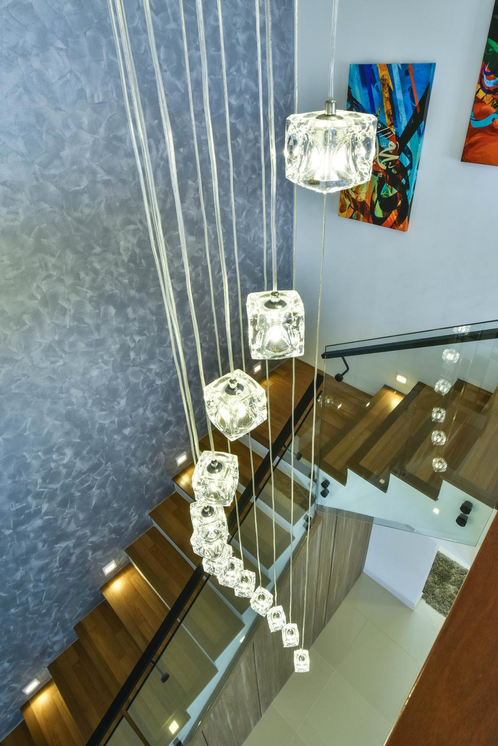 Modern, Landed, Living Room, Razlan's Residence, Alam Suria, Interior Designer, Surface R Sdn. Bhd., Contemporary, Pendant Lamp, Hanging Lamp, Crystal Light, Staircase