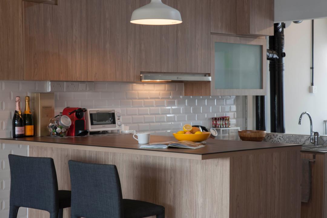Clarence Lane (Block 130), Voila, Minimalist, Kitchen, HDB, Kitchen Peninsula, Kitchen Counter, Breakfast Table, High Chairs, Wood Accents, Laminate, Open Concept, Small Kitchen, Breakfast Counter, Indoors, Interior Design, Room, Dining Table, Furniture, Table, Couch
