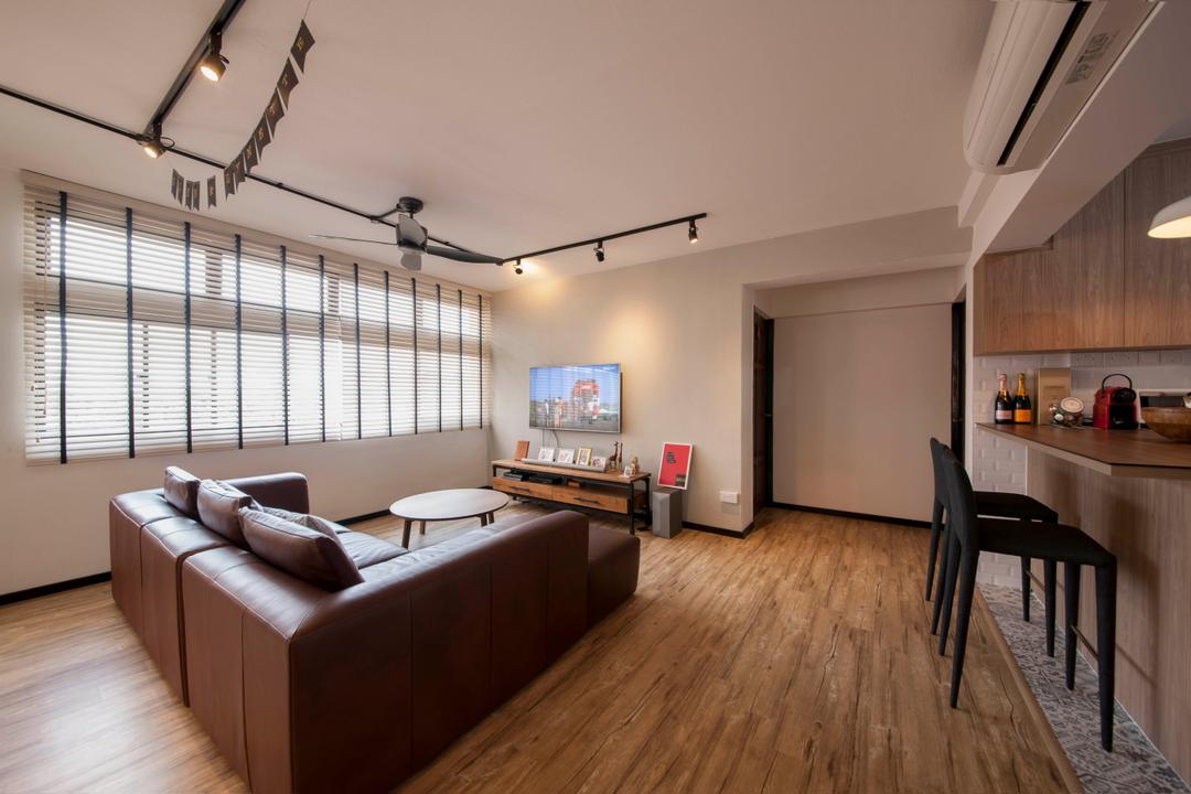 Clarence Lane (Block 130), Voila, Minimalist, Living Room, HDB, Wood Flooring, Vinyl, Leather Sofa, 3 Seater, Venetian Blinds, Track Lights, Ceiling Fan, Spacious, Airy, Woody, Heavy Wood Accents, Wood Accents, Walkway, Corridor, Flooring, Couch, Furniture, Chair