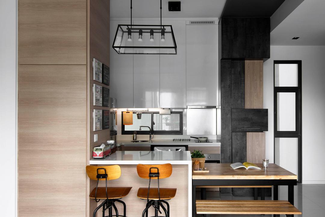 Boathouse Residences, Prozfile Design, Industrial, Kitchen, Condo, Kitchen Countertop, Kitchen Island, Chairs, Dining Chairs, Stools, Industrial Style Lamp, Light Bulb Pendant Lamp, Hanging Lamp, Indoors, Interior Design, Room, Collage, Poster