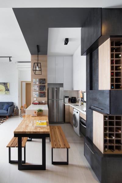 Boathouse Residences, Prozfile Design, Industrial, Dining Room, Condo, Dining Table, Bench, Pendant Lamp, Hanging Lamp, Grey Wall, Dark Coloured Walls, Couch, Furniture, Blackboard, Indoors, Interior Design, HDB, Building, Housing