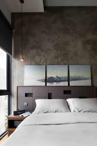 Boathouse Residences, Prozfile Design, Industrial, Bedroom, Condo, Dark Walls, Dark Coloured Walls, High Headboard, Storage Ideas, Storage Space, White Bed, Bedside Table, Pendant Lamp, Hanging Lamp, Painting, Wall Decor, Collage, Poster, Dining Room, Indoors, Interior Design, Room, Window