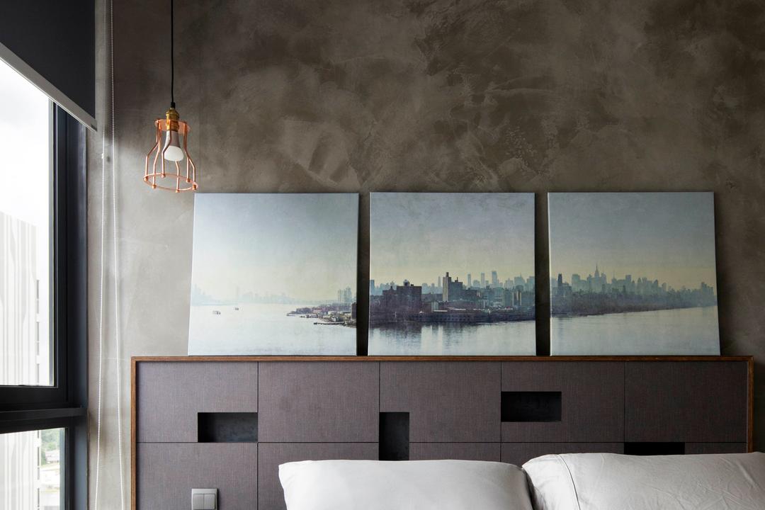 Boathouse Residences, Prozfile Design, Industrial, Bedroom, Condo, Dark Walls, Dark Coloured Walls, High Headboard, Storage Ideas, Storage Space, White Bed, Bedside Table, Pendant Lamp, Hanging Lamp, Painting, Wall Decor, Collage, Poster, Dining Room, Indoors, Interior Design, Room, Window
