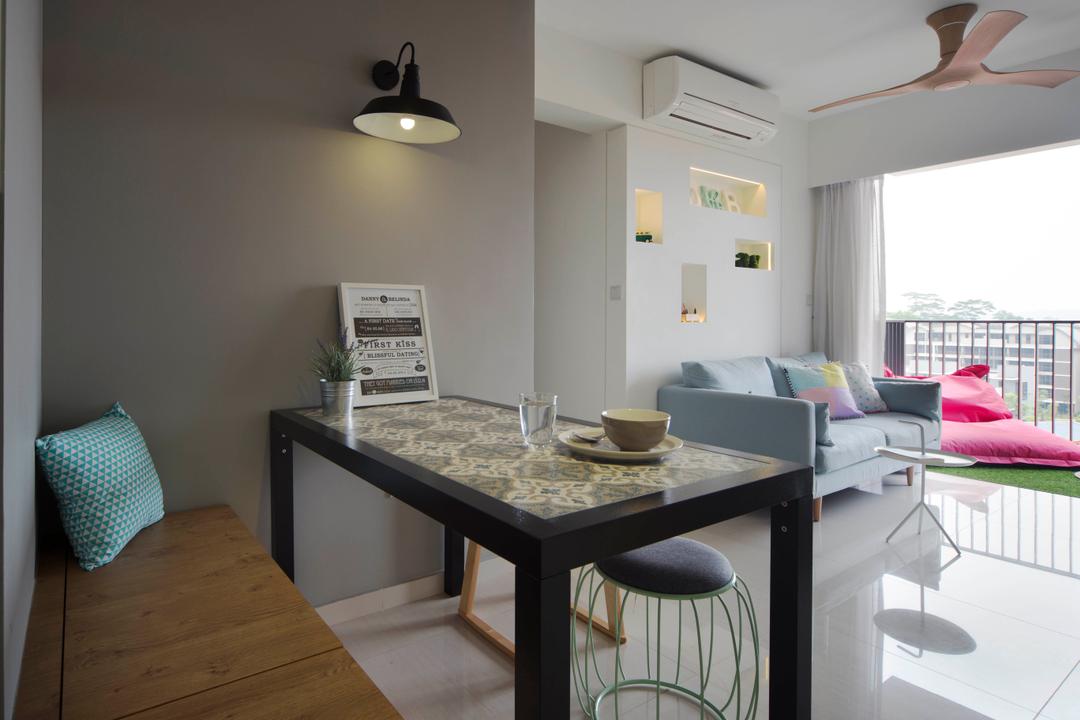 Bedok Reservoir (Block 747A), Prozfile Design, Scandinavian, Dining Room, HDB, Dining Table, Bench, Cushions, Stools, Bright, Haiku Fan, Aircon, Airy, Couch, Furniture, Indoors, Interior Design, Room, Table