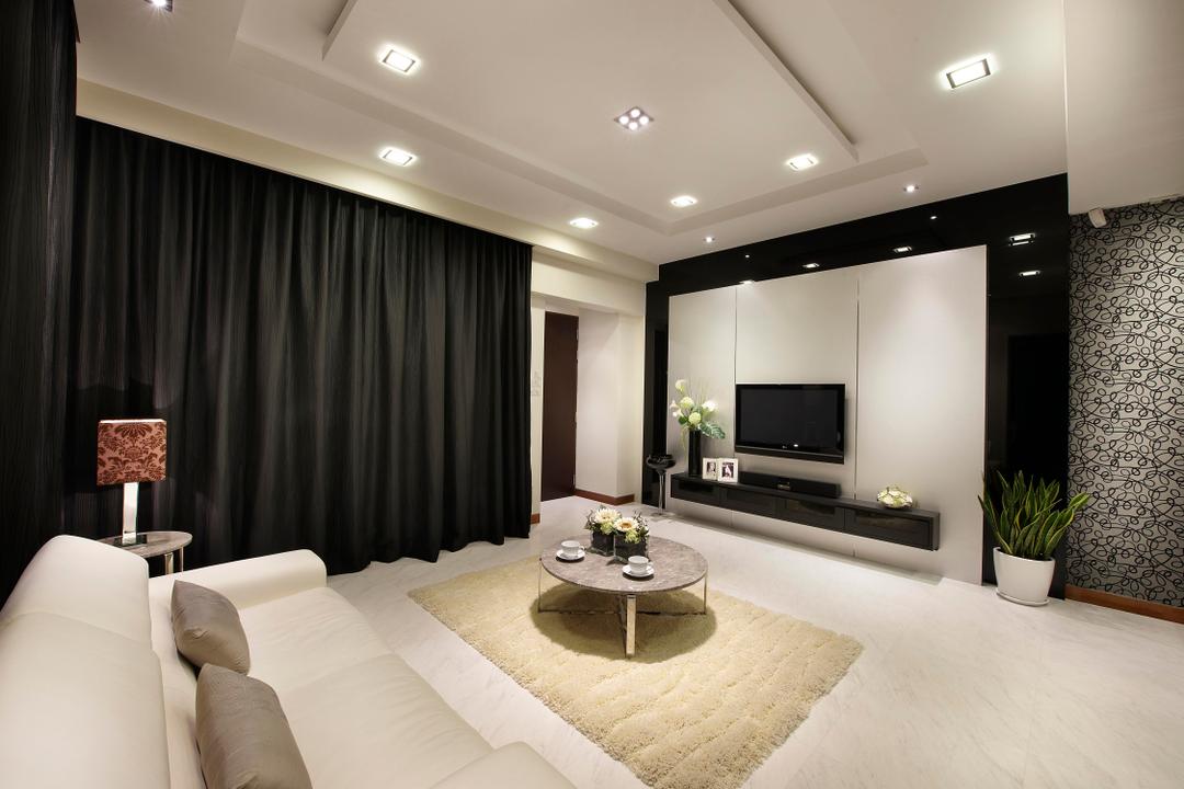 Radiance@Bukit Timah, Unimax Creative, Modern, Living Room, Condo, Down Lights, Monochrome Feature Wall, Black Curtain, Cream Rug, White Leather Sofa, Wall Paper, Round Coffee Table