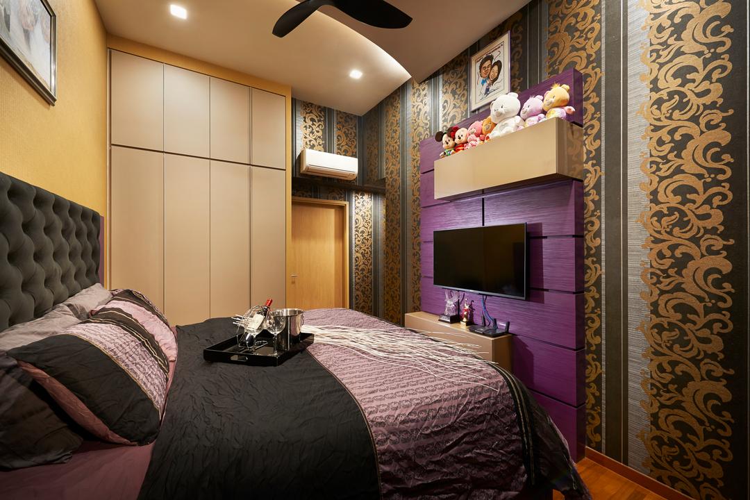 Twin Waterfall, Unimax Creative, Contemporary, Bedroom, Condo, Wood Wardrobe, Quilted Headboard, Wall Paper, Purple Wood Feature Wall