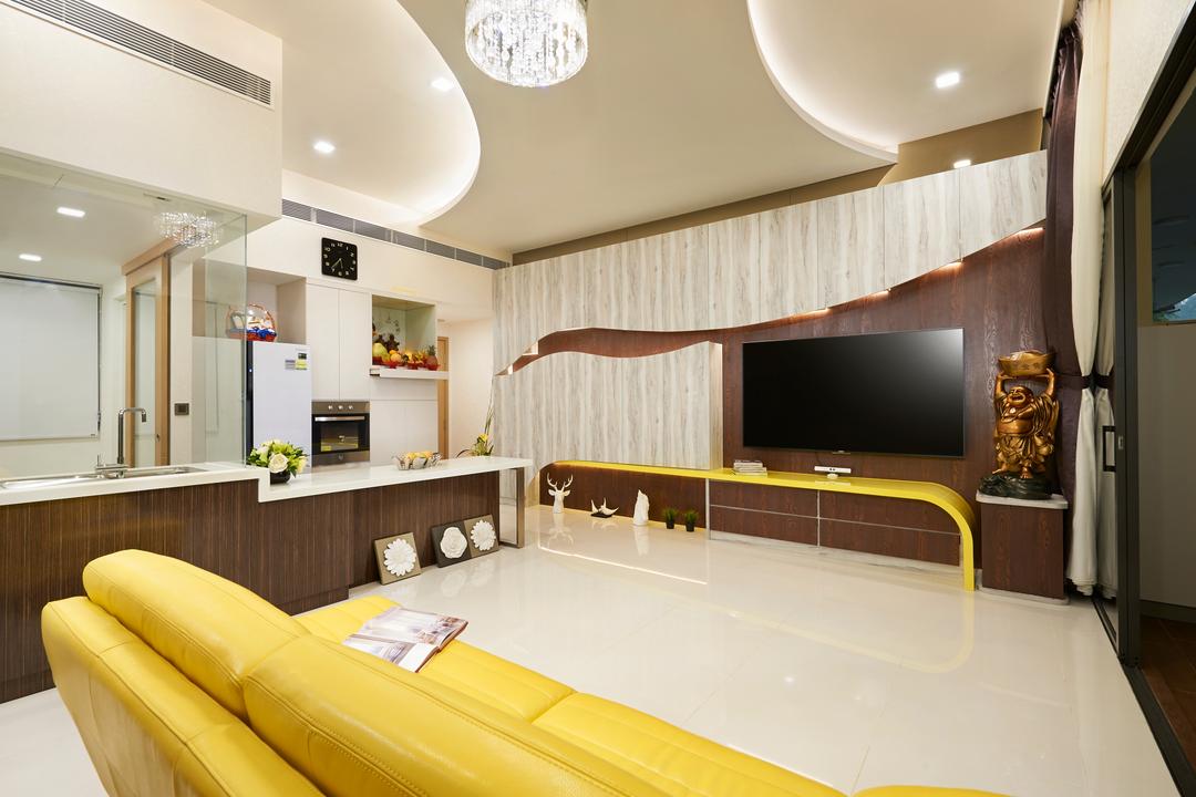 Twin Waterfall, Unimax Creative, Contemporary, Living Room, Condo, Wood Feature Wall, Yellow Leather Sofa, Wood Cabinets, Marble Floor, Down Lights, Cove Lights