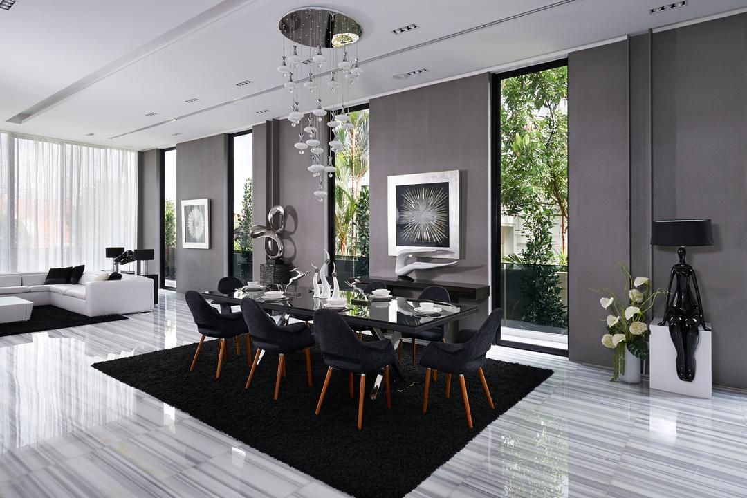 15 Medway, Unimax Creative, Modern, Dining Room, Landed, Black Dining Chairs, Marble Floor, Dining Lights, Glass Dining Table