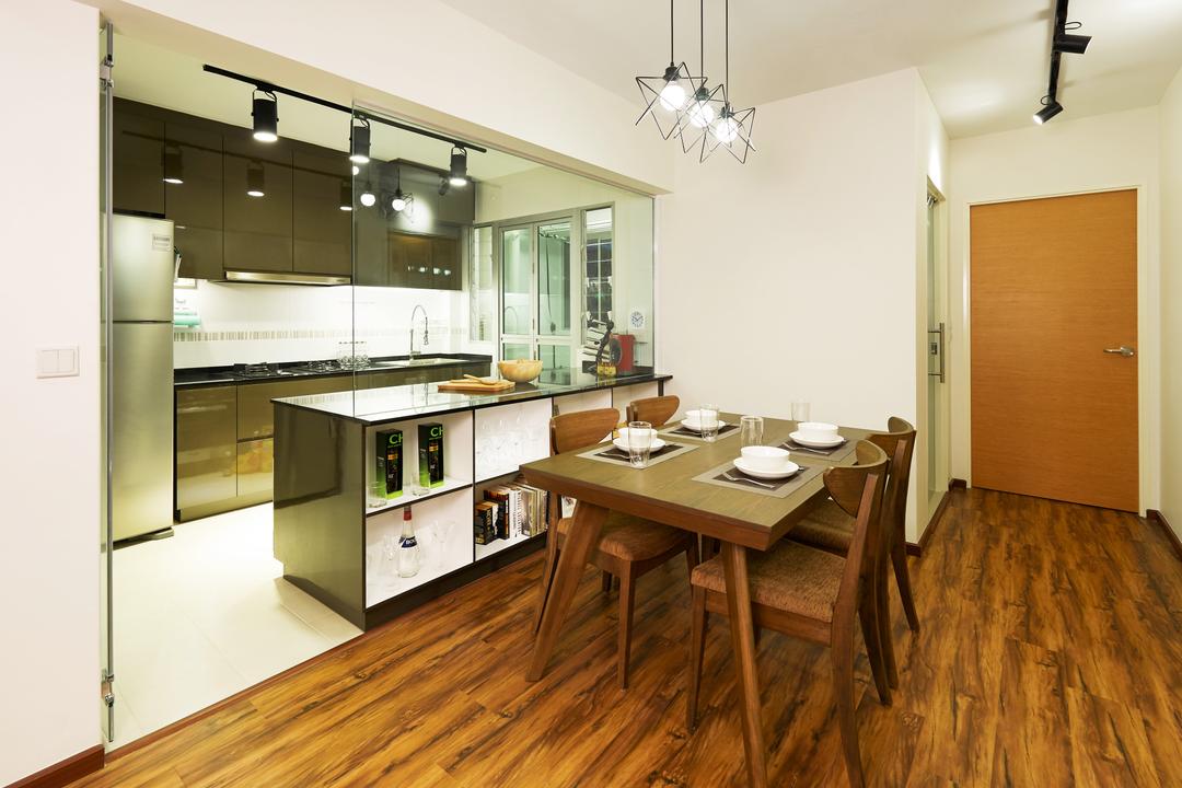 Macpherson Residency (Block 17A), Unimax Creative, Scandinavian, Dining Room, HDB, Parquet, Glass Window, Black Track Lights, Dining Lights, Wood Dining Table, Wood Dining Chairs