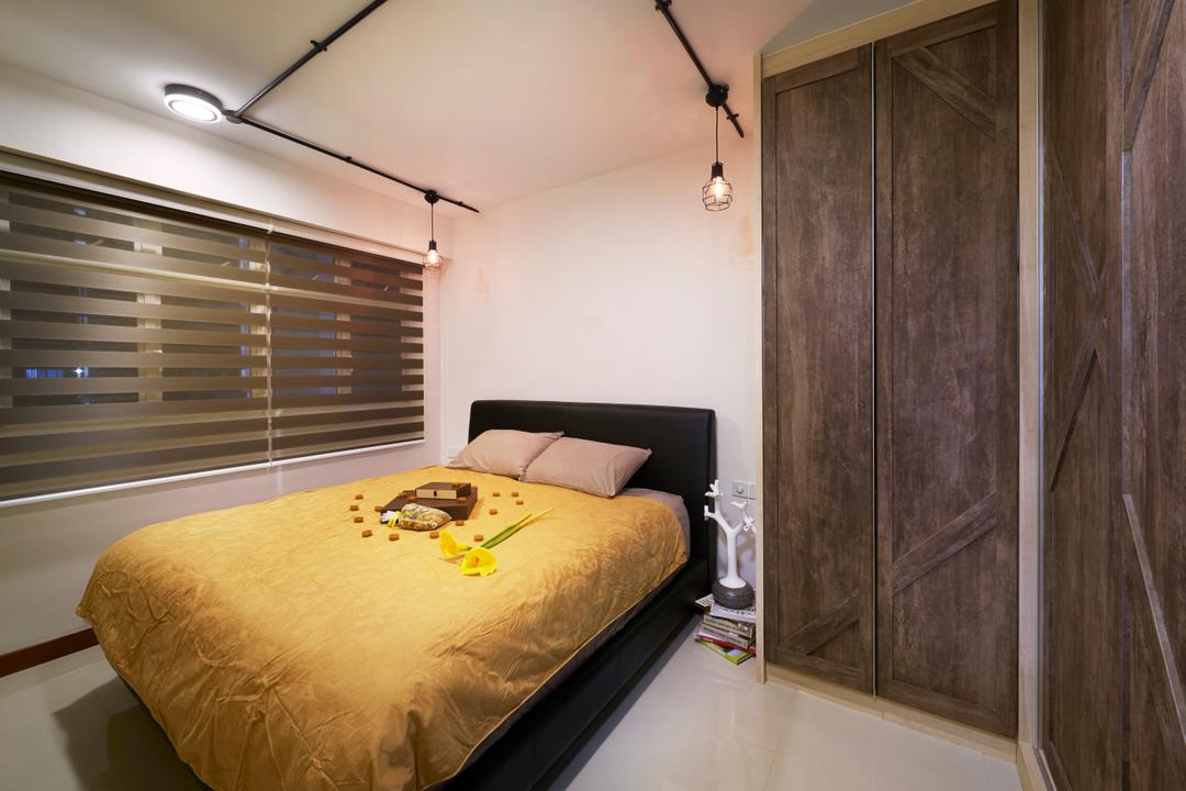 Punggol Drive (Block 663A), Unimax Creative, Minimalist, Bedroom, HDB, Wood Wardrobe, Brown Korean Blinds, Black Track Lights