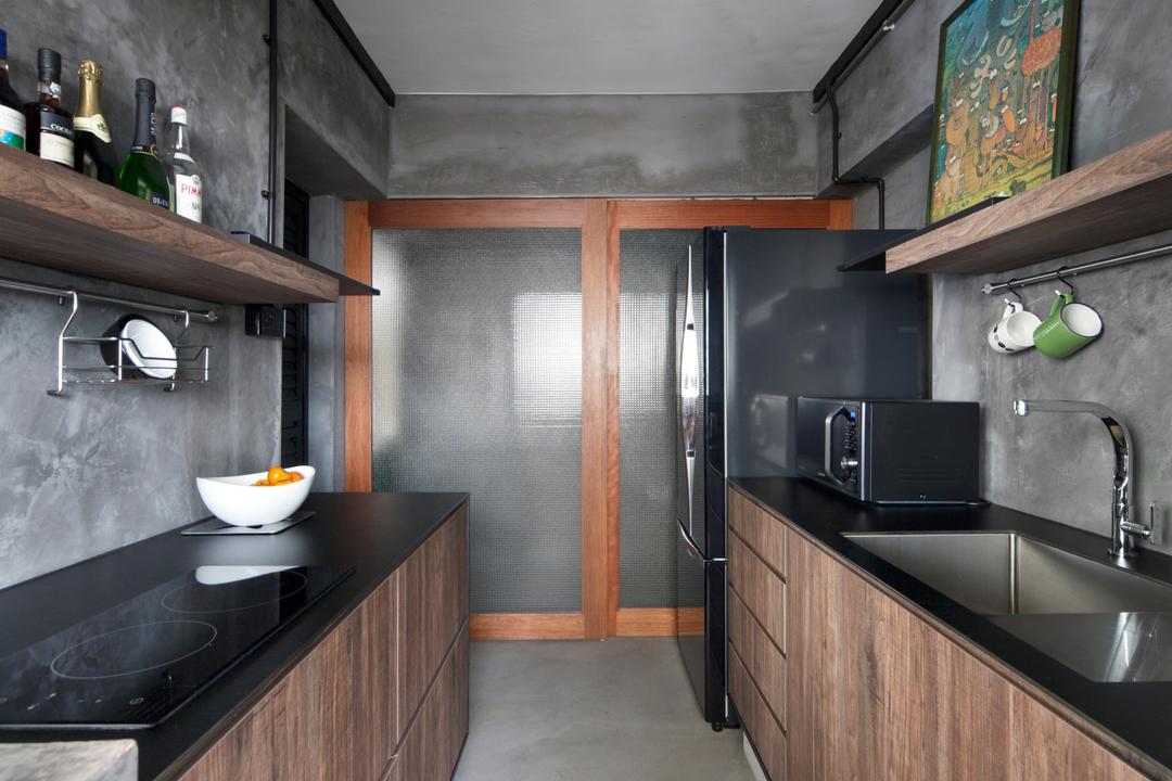 Boon Tiong Road, Versaform, Industrial, Kitchen, HDB, Kitchen Cabinetry, Cabinetry, Kitchen Countertop, Black Countertop, Shelving, Painting, Photo Frame, Kitchen Rack, Cement Screed Tiles, Raw, Appliance, Electrical Device, Microwave, Oven, Indoors, Interior Design, Room