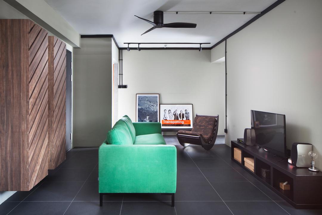 Boon Tiong Road, Versaform, Industrial, Living Room, HDB, Pencil Leg Furniture, Pencil Leg Sofa, Green, Green Sofa, Colour Pop, Loveseat, Fabric Sofa, Spin Fan, Black Spin Fan, Tv Cabinet, Tv Console, Lounge Chair, White Kitchen Cabinets, Cabinetry, Chair, Furniture