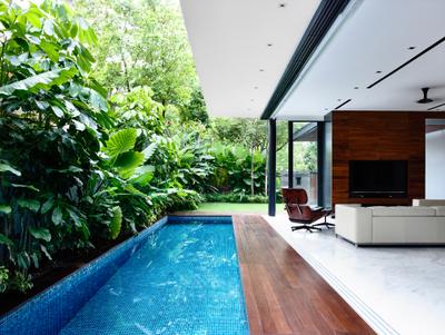 Greenwood Avenue, HYLA Architects, Modern, Living Room, Landed, Building, House, Housing, Villa, Flora, Jar, Plant, Potted Plant, Pottery, Vase, Electronics, Entertainment Center, Pool, Water, Lcd Screen, Monitor, Screen, Forest, Jungle, Land, Nature, Outdoors, Tree, Vegetation, Flooring