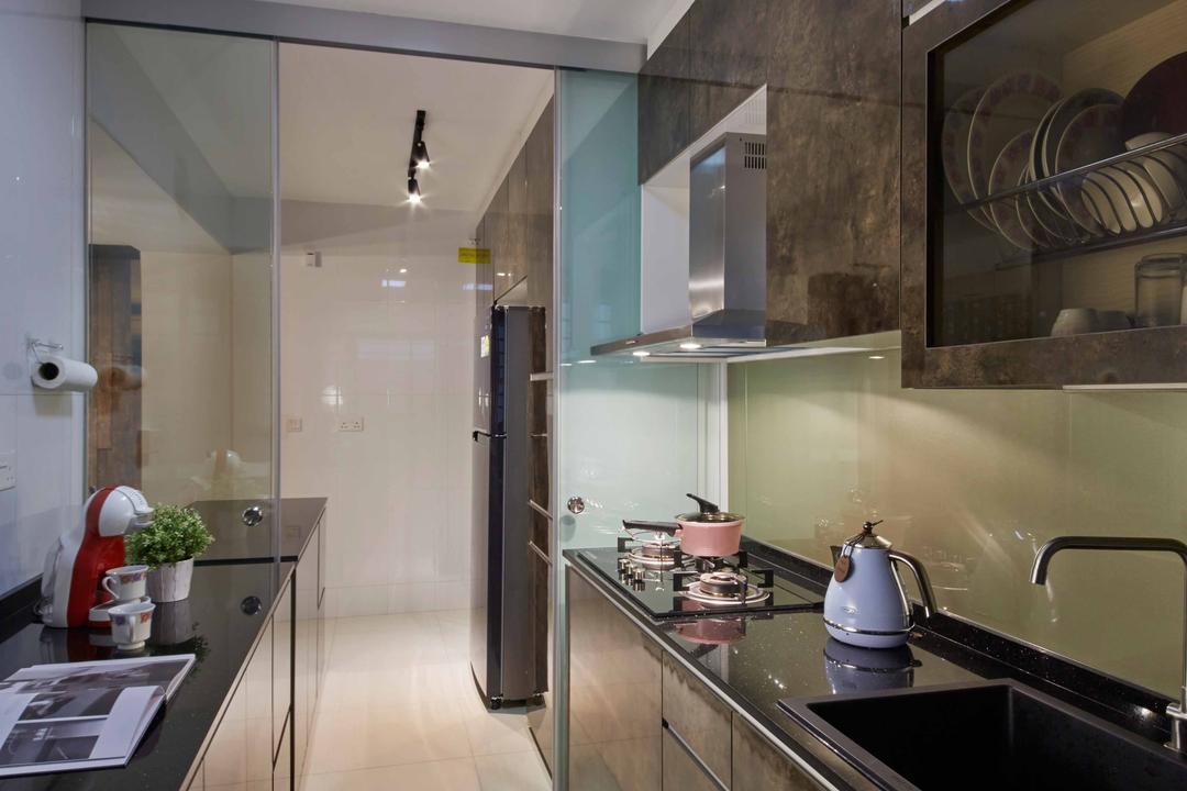 Punggol Way (Block 310C), i-Chapter, Modern, Kitchen, HDB, Kitchen Cabinet, Cabinetry, Exhaust Hood, Brown Cabinet, Kitchen Sink, Sink, Kitchen Countertop, Indoors, Interior Design, Room, Bathroom