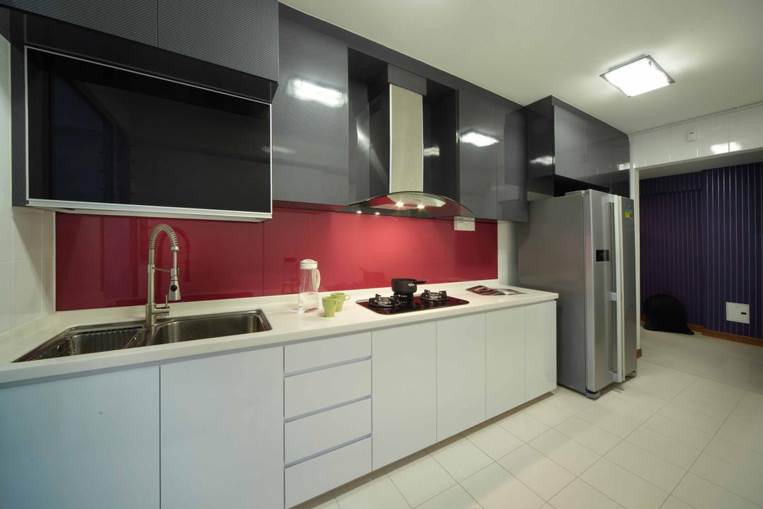 Punggol (Block 274C), i-Chapter, Modern, Kitchen, HDB, Kitchen Cabinet, Cabinetry, Exhaust Hood, Dual Colour Cabinet, Backplash, Monochrome, Refrigerator, Black And White, Indoors, Interior Design, Room, Bathroom