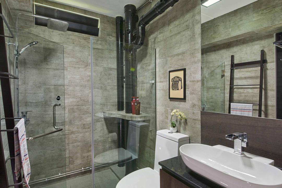 Jurong West (Block 639), i-Chapter, Eclectic, Industrial, Bedroom, HDB, Bathroom Vanity, Bathroom Cabinet, Mirror, Vessel Sink, Toilet Bowl, Water Closet, Grey Walls, Grey, Bathroom, Indoors, Interior Design, Room, Sink
