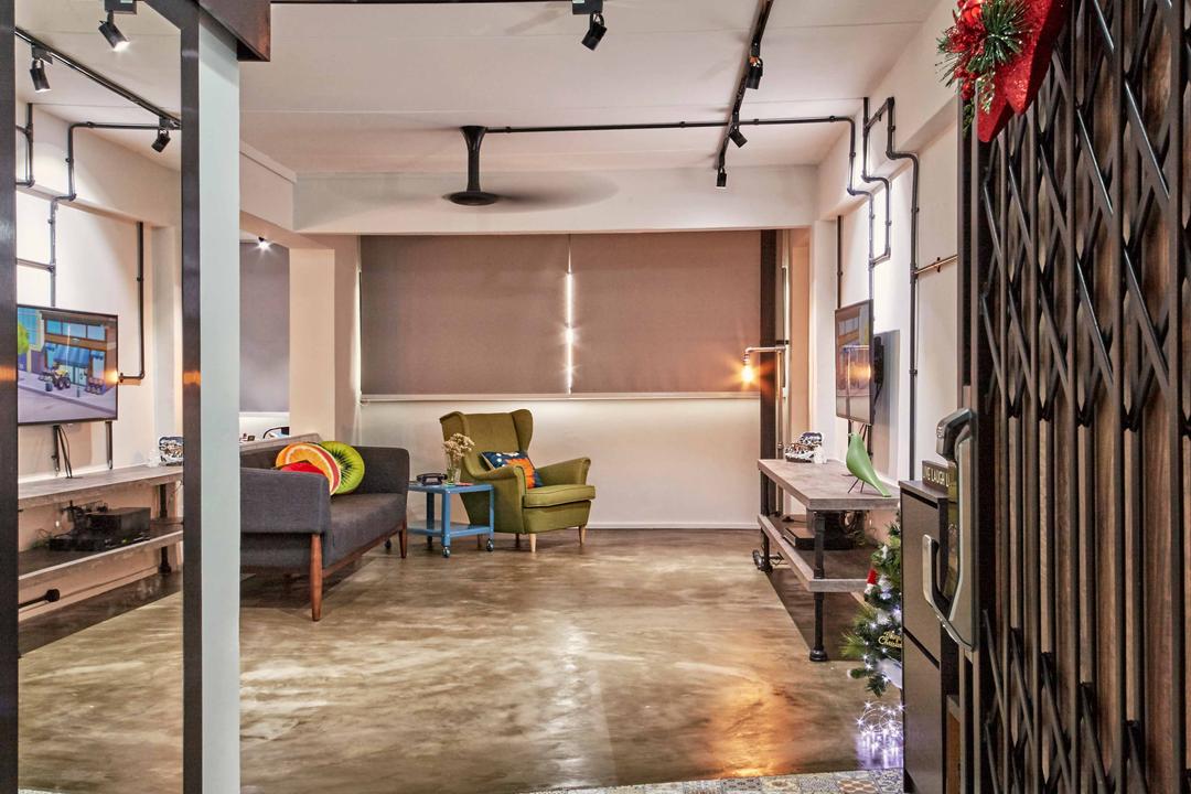 Jurong West (Block 639), i-Chapter, Eclectic, Industrial, Living Room, HDB, Entrance, Door, Door Grille, Entryway, Patterned Tiles, Mirror, Full Length Mirror, Floor Tiles, Couch, Furniture, Flora, Jar, Plant, Potted Plant, Pottery, Vase