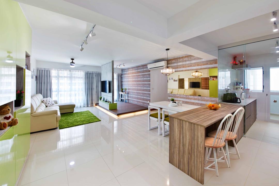 Yishun Ring Road (Block 342D), i-Chapter, Eclectic, Living Room, HDB, Dining Chairs, Chairs, Track Lights, Track Lighting, Floor Tiles, White Floor Tiles, Wallpaper, Spacious, Dining Table, Furniture, Table, Indoors, Interior Design
