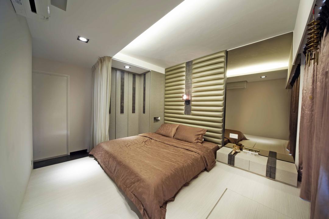 Punggol Drive (Block 615B), i-Chapter, Minimalist, Bedroom, HDB, Headboard, Upholstered Headboard, Brown, Reflective Panels, Bedside Table, Cabinetry, Cabinet, Curtains, Bed, Furniture, Indoors, Interior Design, Room