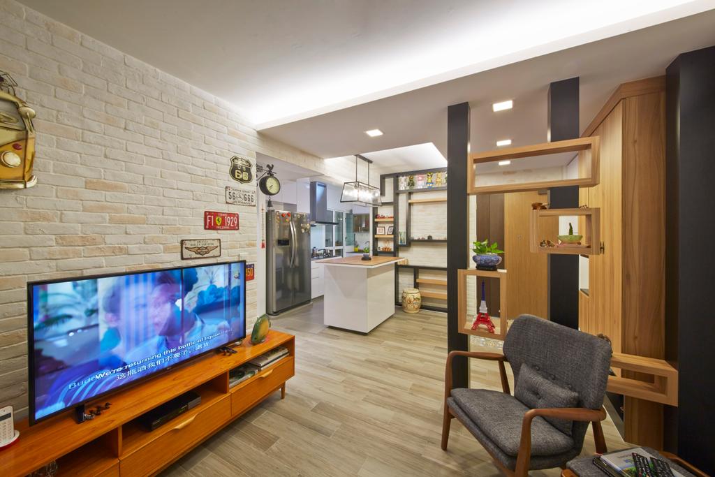 Industrial, HDB, Living Room, Edgefield Plains (Block 670C), Interior Designer, Carpenters 匠, Partition, Tv Console, White Brick, Wood Floor, Wooden Flooring, Chairs, Cove Lighting, Tv Cabinet, Chair, Furniture, Couch
