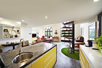 Selataris, Carpenters 匠, Eclectic, Kitchen, Condo, Kitchen Countertop, Marble Countertop, Kitchen Cabinetry, Colourful Cabinet, Vibrant, Striking Colours, Staircase, Spiral Staircase, Wall Shelf, Shelving, Bicycle, Bike, Transportation, Vehicle, Indoors, Interior Design