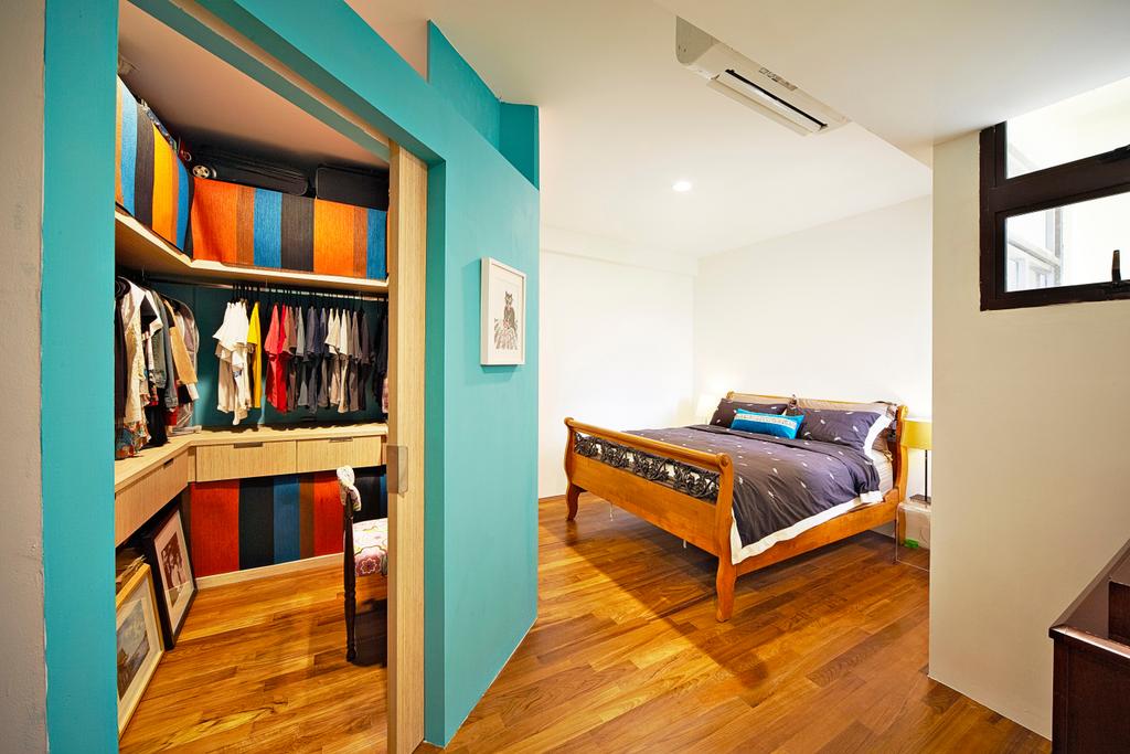 Eclectic, Condo, Bedroom, Selataris, Interior Designer, Carpenters 匠, Blue, Blue Walls, Colourful, Colours, Walk In Wardrobe, Vibrant Colours, Cheery, Clothes Rack, Storage Space, Wood Floor, Wood Flooring, Bedframe, Bookcase, Furniture