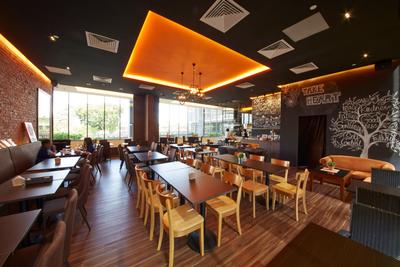 White Tangerine, Carpenters 匠, Contemporary, Commercial, Orange, Yellow, Warm Lighting, Warm Lights, Dining Table, Wood Floor, Wooden Flooring, Chairs, Yellow Chairs, Woody, False Ceiling, Pendant Lamp, Hanging Lamp, Chalkboard Wall, Restaurant, Furniture, Table, Cafe