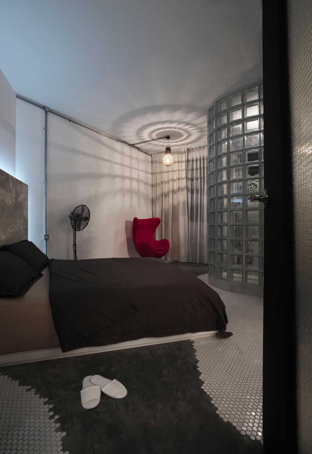 Eclectic, HDB, Bedroom, Tampines, Interior Designer, The Design Practice, Master Bedroom, Hanging Light, Lighting, Pendant Light, Cement Flooring, Tile, Tiles, Armchair, Chair, Curtains, Glass Wall, White, Fan
