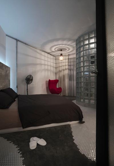 Tampines, The Design Practice, Eclectic, Bedroom, HDB, Master Bedroom, Hanging Light, Lighting, Pendant Light, Cement Flooring, Tile, Tiles, Armchair, Chair, Curtains, Glass Wall, White, Fan