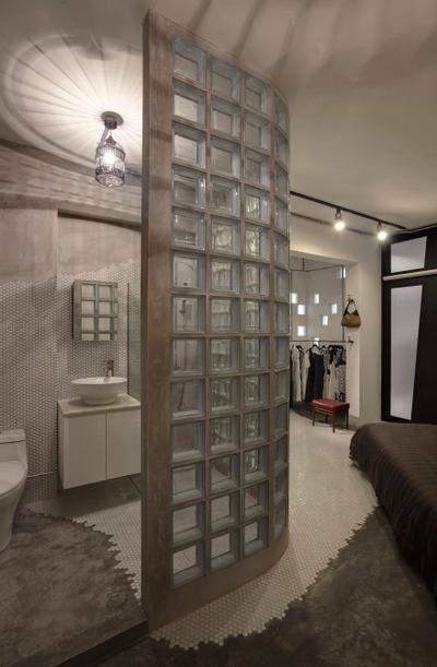 Tampines, The Design Practice, Eclectic, Bathroom, HDB, Glass Wall, Tile, Tiles, Cement Flooring, Vessel Sink, Mirror, Bathroom Counter, White, Grey, Racks, Track Lighting, Hanging Light, Lighting, Pendant Light, Couch, Furniture