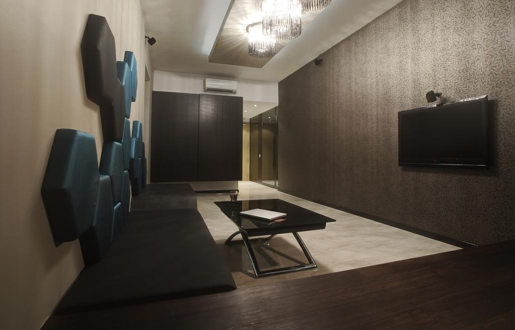 Contemporary, Condo, Living Room, Bleu @ East Coast, Interior Designer, The Design Practice, Wallpaper, Chandelier, Lighting, Tv Feature Wall, Padded, Brown Coffee Table, Table, Rug, Bench, Wood, Laminates, Wood Laminate, Warm Tones, Feature Wall, Chair, Furniture, Dining Table, Paper, Corridor