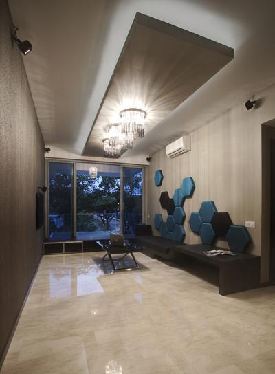 Bleu @ East Coast, The Design Practice, Contemporary, Living Room, Condo, Balcony, Platform, Full Length Window, Sliding Door, Tv Feature Wall, Padded, Bench, Chair, Brown Coffee Table, Table, White Marble Floor, Chandelier, Lighting, False Ceiling, Warm Tones, Feature Wall, Indoors, Interior Design
