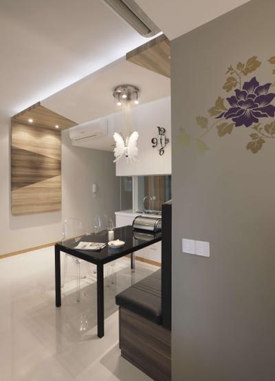 Dakota Crescent, The Design Practice, Contemporary, Dining Room, HDB, White Marble Floor, Dining Table, Table, Chair, Hanging Light, Lighting, Mobile Sculpture, Wood Laminate, Wood, Laminates, False Ceiling, Wall Art, Wall Sticker, Floral, Clock, Indoors, Interior Design, Room, Furniture
