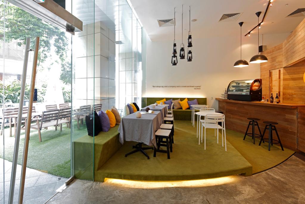 The Lawn, Commercial, Architect, EHKA Studio, Minimalist, Shop, Entrance, Door, Shop Entrance, Glass Door, Glass, High Ceiling, Bright And Airy, Bench, Dining Table, Chairs, Stools, Cushions, Pendant Lamp, Hanging Lamp, Platform, Raised Platform, Indoors, Office, Dining Room, Interior Design, Room, Furniture, Table