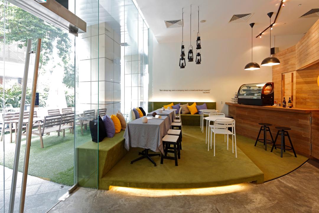 The Lawn, EHKA Studio, Minimalist, Commercial, Shop, , Entrance, Door, Shop Entrance, Glass Door, Glass, High Ceiling, Bright And Airy, Bench, Dining Table, Chairs, Stools, Cushions, Pendant Lamp, Hanging Lamp, Platform, Raised Platform, Indoors, Office, Dining Room, Interior Design, Room, Furniture, Table
