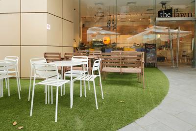 The Lawn, EHKA Studio, Minimalist, Commercial, Grass, Nature, Balcony Furniture, White Tables, White Chair, Bench, Entrance, Store Front, Shop Front, Shop Entrance, Chair, Furniture, Dining Table, Table
